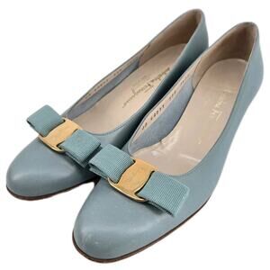 Vtg Salvatore Ferragamo Lillaz Bow Blue Pumps Leather Shoes Sz 7.5 AAA Narrow